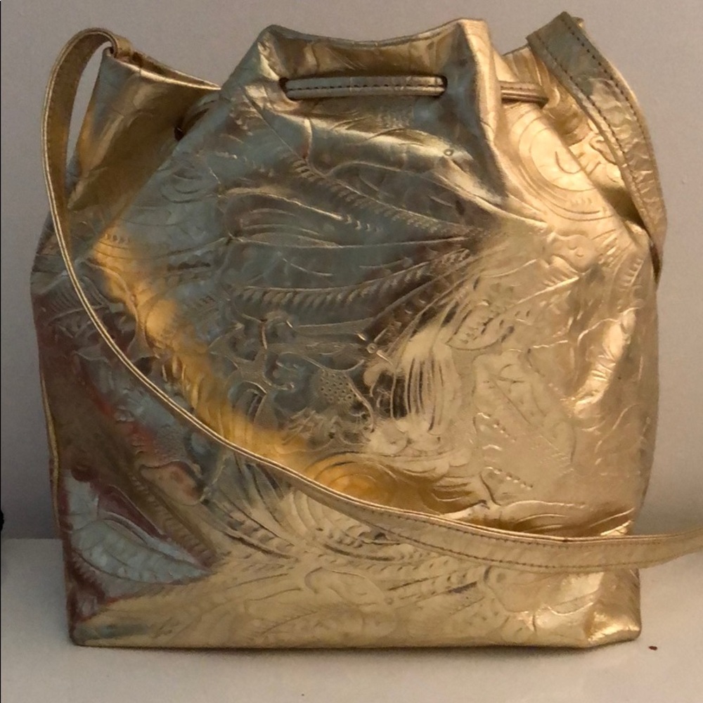 NWOT GOLD METALLIC LEATHER EMBOSSED DRAWSTRING BAG - Picture 2 of 6